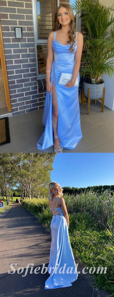 Sexy Blue Satin Spaghetti Straps Sleeveless Side Slit Mermaid Long Prom Dresses,SFPD0527
