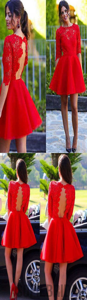 Scoop Red Lace Half Sleeve Open Back Tulle Homecoming Dresses, SF0053