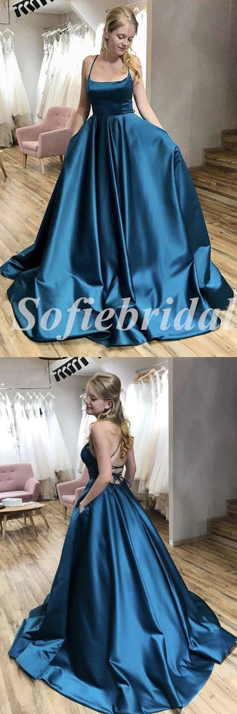Sexy Soft Satin Spaghetti Straps V-Neck Sleeveless Lace Up A-Line Long Prom Dresses With Pocket,PD0770