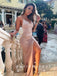 Mermaid Cowl Neckline Spaghetti Straps Split Side Long Prom Dresses With Rhinestone,SFPD0023