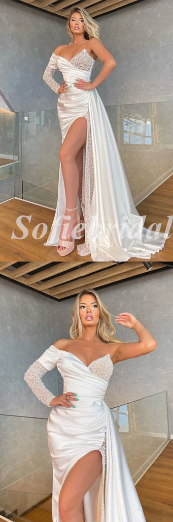 Sexy White Satin One Shoulder Long Sleeve V-Neck Side Slit Mermaid Long Prom Dresses,SFPD0677