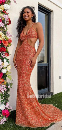 New Arrival Mermaid Orange Sequin Long Prom Dresses,SFPD0165