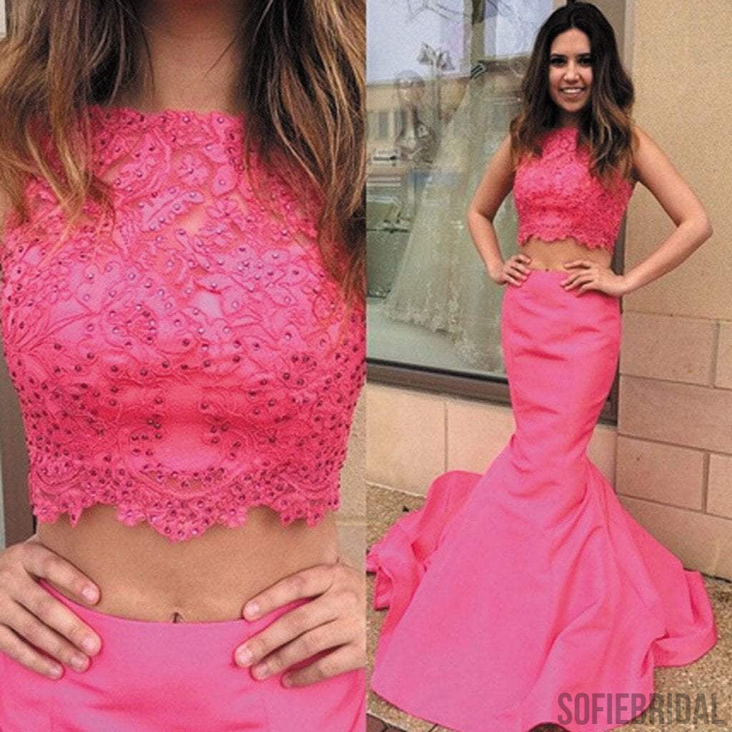 Two Pieces Hot Pink Lace Top Long Mermaid Beaded Prom Dresses, PD0240