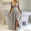 Sexy Halter Light Gray Deep V-Neck Side Slit Satin Prom Dresses, PD0567