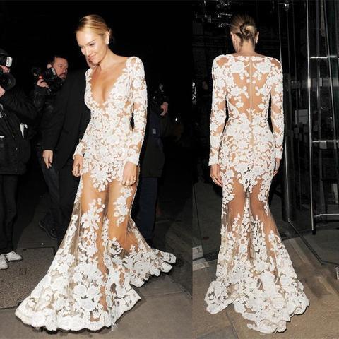 Candice Swanepoel Celebrity Inspired See Through Deep V-neck Long Sleeve Mermaid Lace Prom Dresses, PD0522