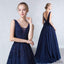 Navy Blue Tulle Appliques Beaded Long A-line V-back Prom Dresses, PD0242
