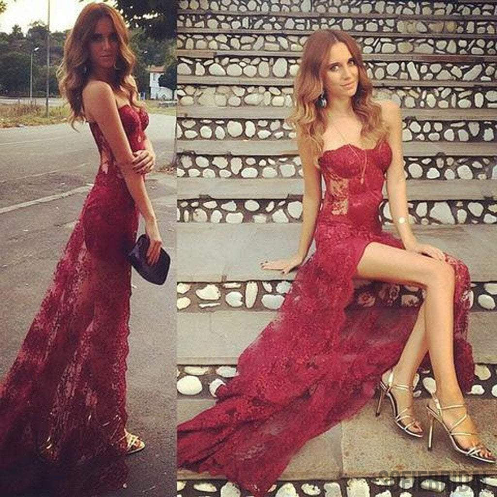 Sweetheart See Through Sext Red Lace Side Slit Long Prom Dresses, PD0579