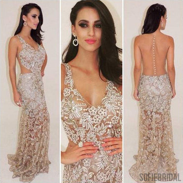 Gorgeous V-Neck See Through Beaded Sexy Long Mermaid Prom Dresses, PD0532
