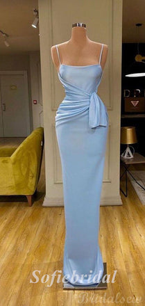 Sexy Blue Satin Spaghetti Straps Mermaid Long Prom Dresses,SFPD0611