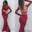 Two Pieces Long Sleeve Maroon Lace Backless Jersey Long Prom Dresses, PD0584