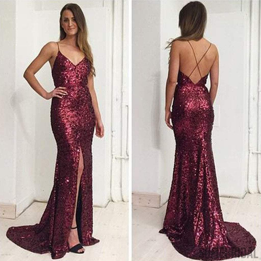 Sexy Spaghetti V-neck Maroon Sequin Front Slit Long Mermaid Prom Dresses, PD0569