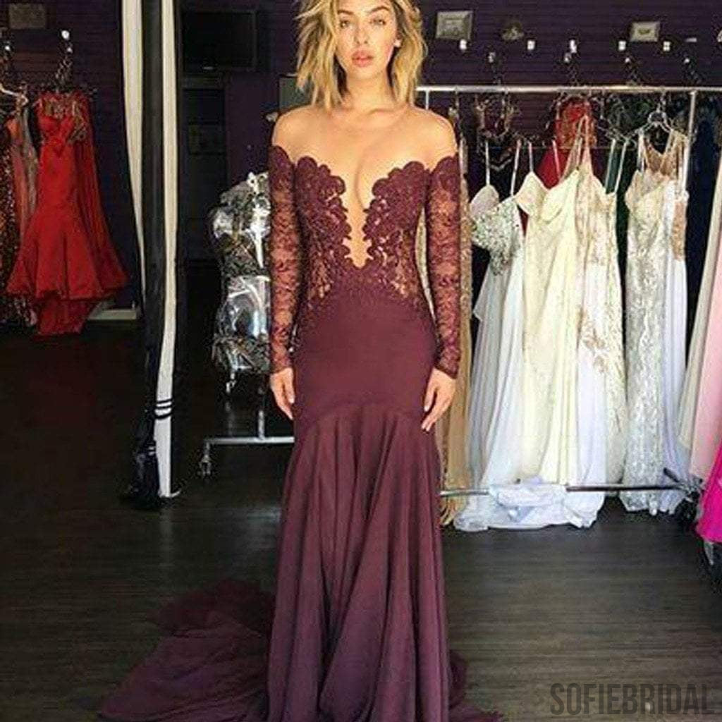 Off Shoulder Long Sleeve See Through Long Sheath Lace Jersey Prom Dresses, PD0542