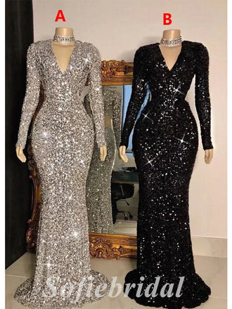 Sexy Sequin V-Neck Long Sleeve Mermaid Long Prom Dresses,SFPD0672