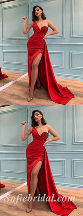 Sexy Red Sequin Satin One Shoulder V-Neck Sleeveless Side Slit Mermaid Long Prom Dresses/Evening Dresses,SFPD0365