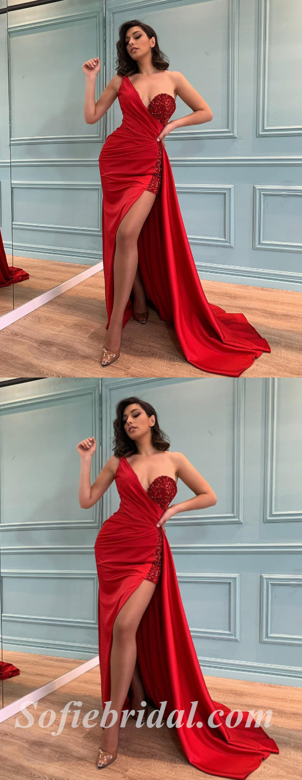 Spaghetti Straps V-Neck Red Sequins Sparkly Prom Dress with Slit