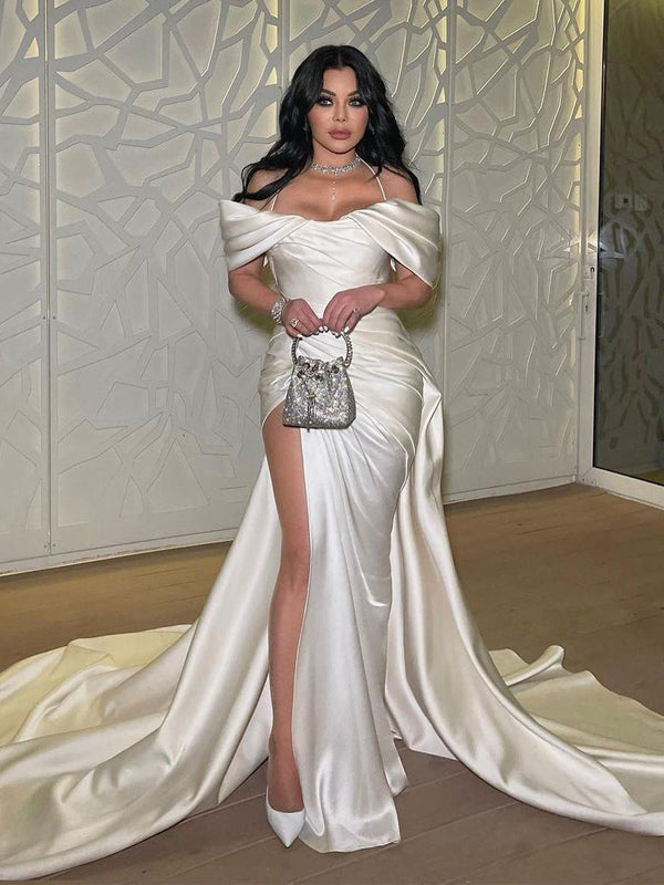 Elegant Mermaid Soft Satin Side Slit White Simple Prom Dresses,SFPD0174