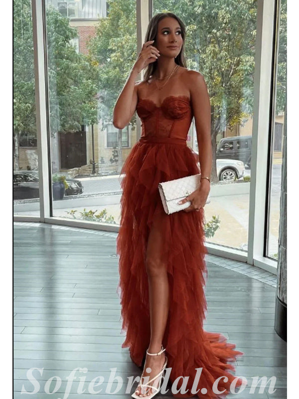 Sexy Rust Tulle And Lace Sweetheart Sleeveless Side Slit Mermaid Long Prom Dresses,SFPD0495 Sexy Rust Tulle And Lace Sweetheart Sleeveless Side Slit Mermaid Long Prom Dresses,SFPD0495