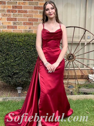 Sexy Burgandy Satin Spaghetti Straps Sleeveless Side Slit Mermaid Long Prom Dresses,SFPD0528