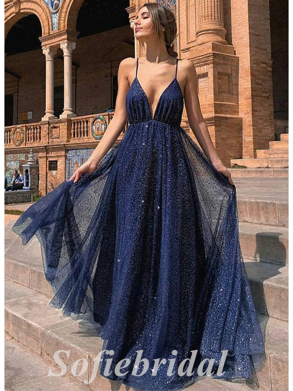 Beautiful Tulle Spaghetti Straps V-Neck Sleeveless A-Line Long prom Dresses,SFPD0719 Beautiful Tulle Spaghetti Straps V-Neck Sleeveless A-Line Long prom Dresses,SFPD0719