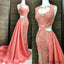 Coral Lace Beaded See Through Long A-line Satin Long Prom Dresses, PD0524