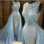 Round Neck See Through Blue Lace Beaded Gorgeous Tulle Prom Dresses, PD0554