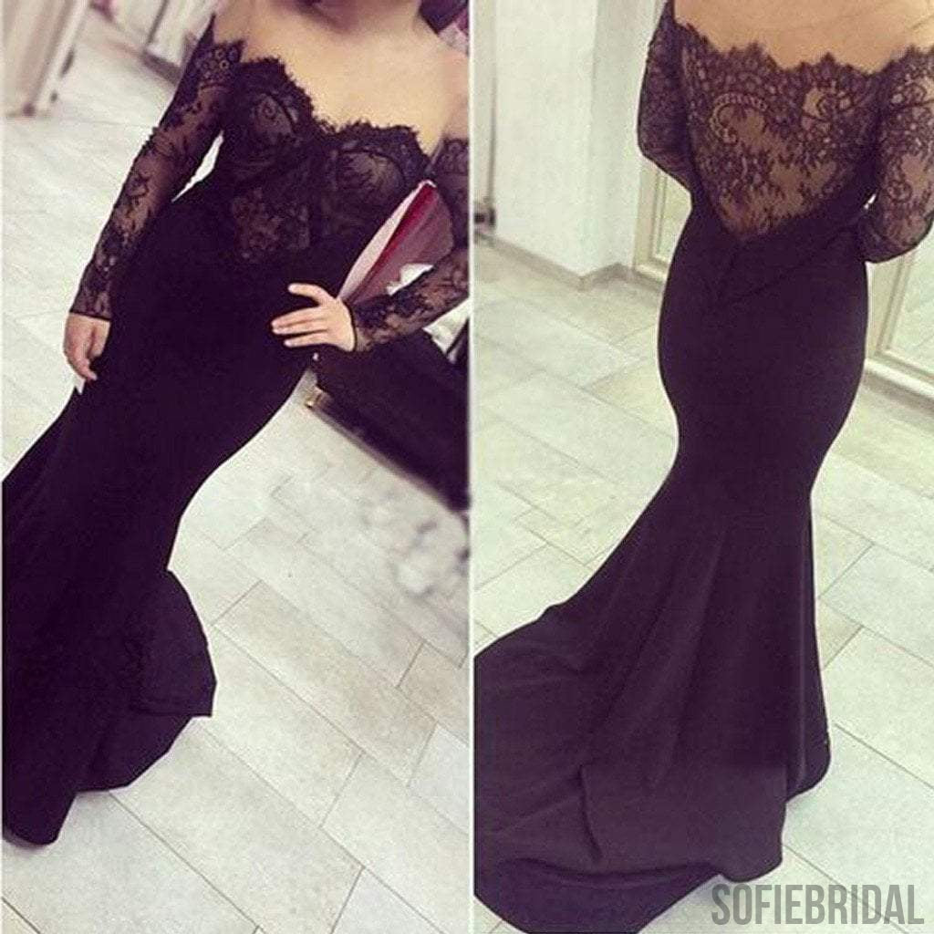 Sexy Off Shoulder See Through Black Lace Long Sleeve Long Mermaid Jersey Prom Dresses, PD0568