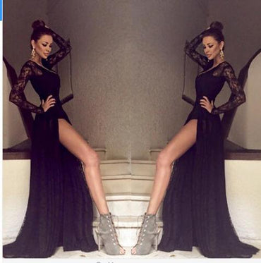 Sexy V-Back Long Sleeve See Through Black Lace Tulle Side Slit Prom Dresses, PD0570