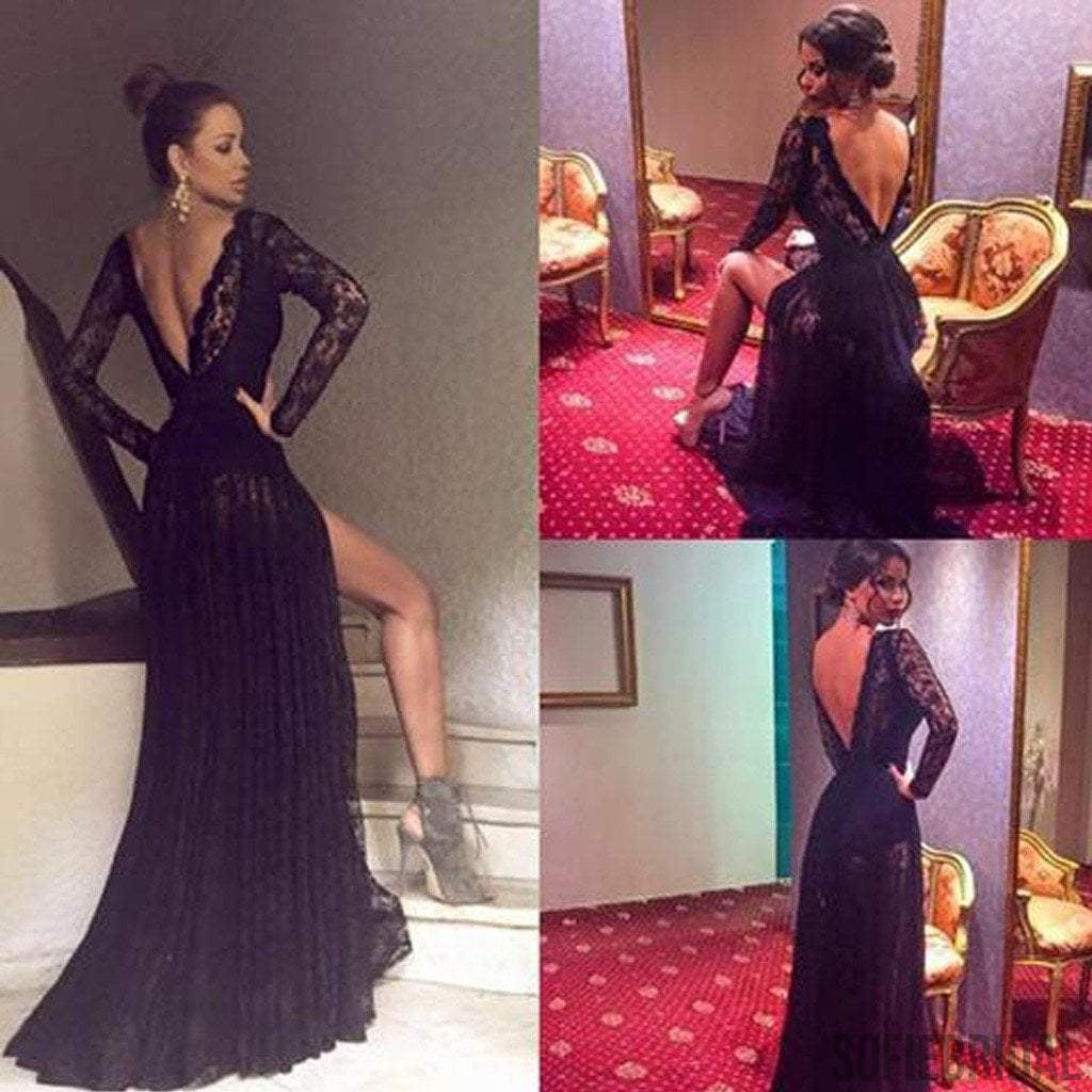 Sexy V-Back Long Sleeve See Through Black Lace Tulle Side Slit Prom Dresses, PD0570