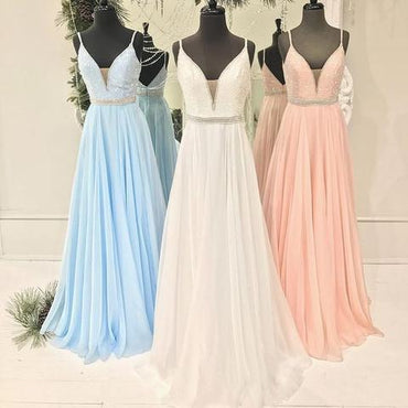 Spaghetti Beaded Long A-line Chiffon V-neck Popular Prom Dresses, PD0271