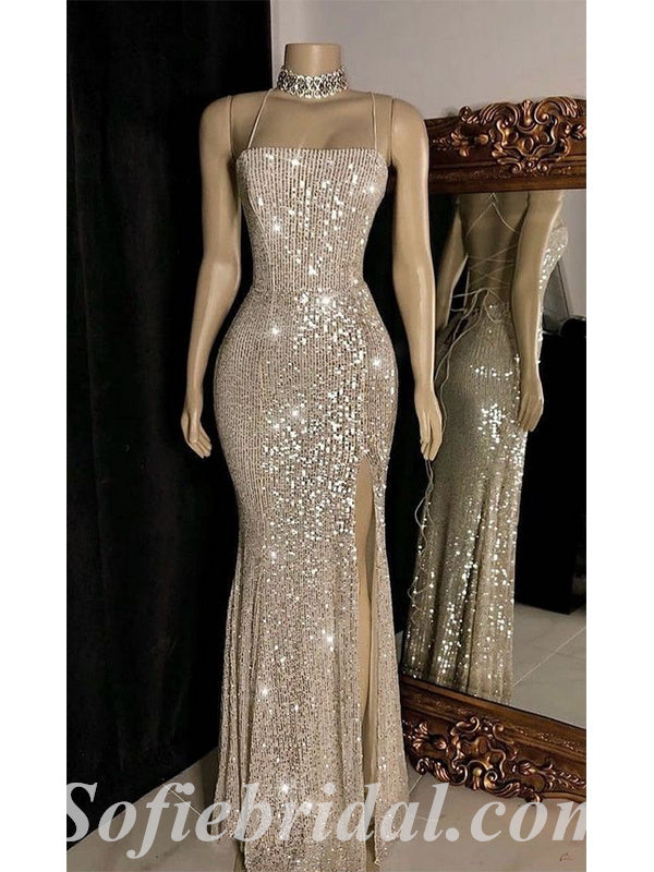 Sexy Sequin Spaghetti Straps Sleeveless Lace Up Back Side Slit Mermaid Long Prom Dresses,SFPD0524
