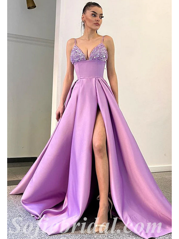 Sexy Sequin And Satin Spaghetti Straps V-Neck Side Slit A-Line Long Prom Dresses/Evening Dresses,SFPD0357