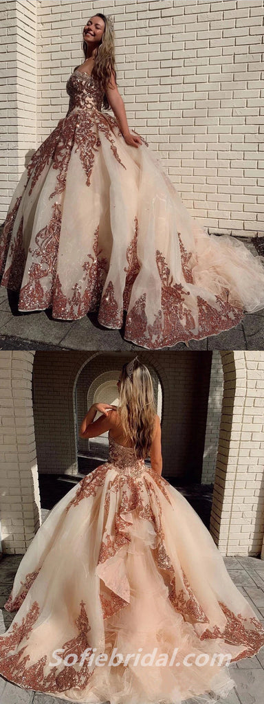 Elegant Sweetheart Sleeveless Lace Up Back A-Line Long Prom Dresses,SFPD0328