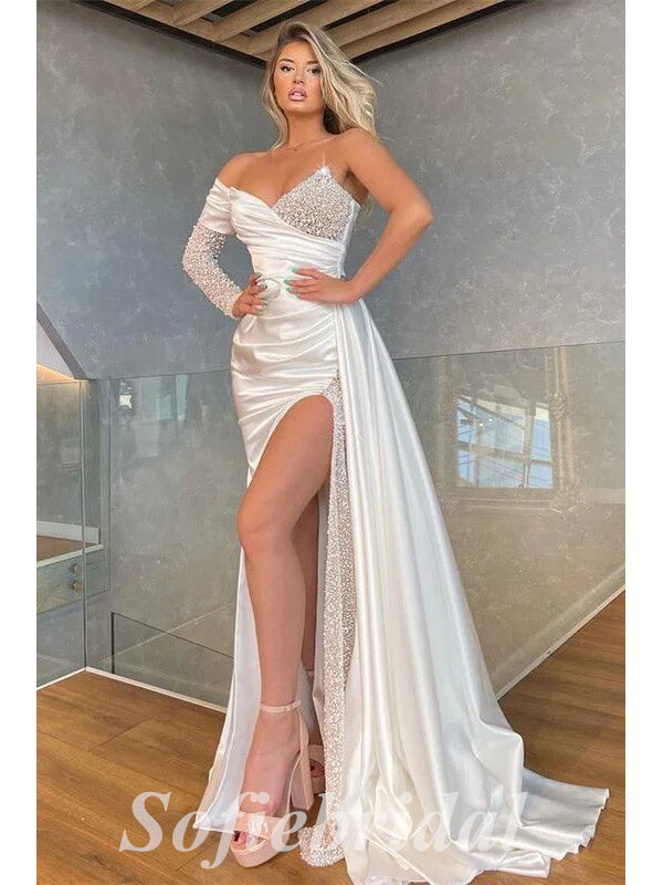 Side slit one color off-shoulder evening gown with feather work stylish  bodice