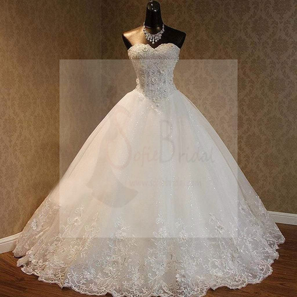 Luxury Sweetheart Rhinestone Beaded White Lace Wedding Dresses, Tulle Bridal Gown, WD0025