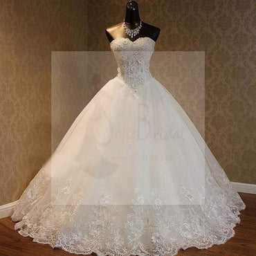 Luxury Sweetheart Rhinestone Beaded White Lace Wedding Dresses, Tulle Bridal Gown, WD0025
