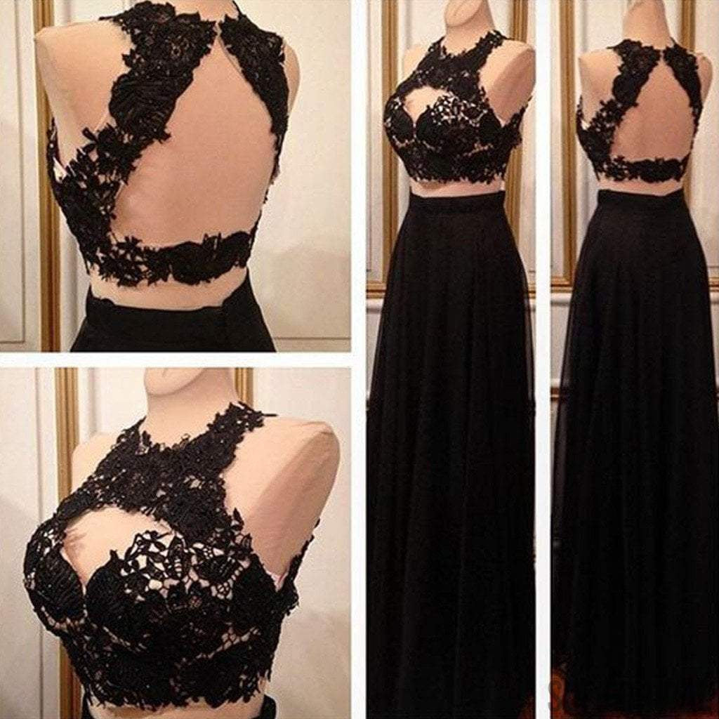 Two Pieces Black Lace Top Open Back Long A-line Chiffon Long Prom Dresses, PD0261