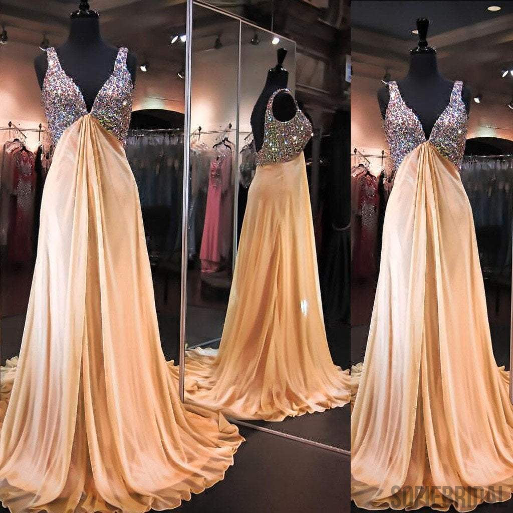 V-neck High Waist Rhinestone Long A-line Elegant Backless Chiffon Prom Dresses, PD0589