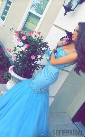Sweetheart Blue Satin Tulle Rhinestone Beaded Long Mermaid Popular Prom Dresses, PD0264