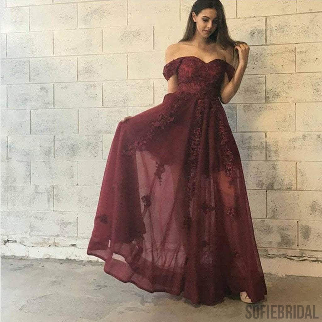 Off Shoulder Brick Red Tulle Lace See Through Long A-line Prom Dresses –  SofieBridal
