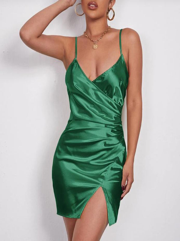 Sexy Dark Green Satin V-Neck Side Slit Short Homecoming Dresses, HD0190