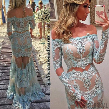 Off Shoulder Sexy See Through Blue Lace Long Mermaid Tulle Prom Dresses, PD0544