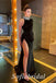 Sexy Black Velvet One Shoulder Long Sleeve Side Slit Mermaid Long Prom Dresses,SFPD0609