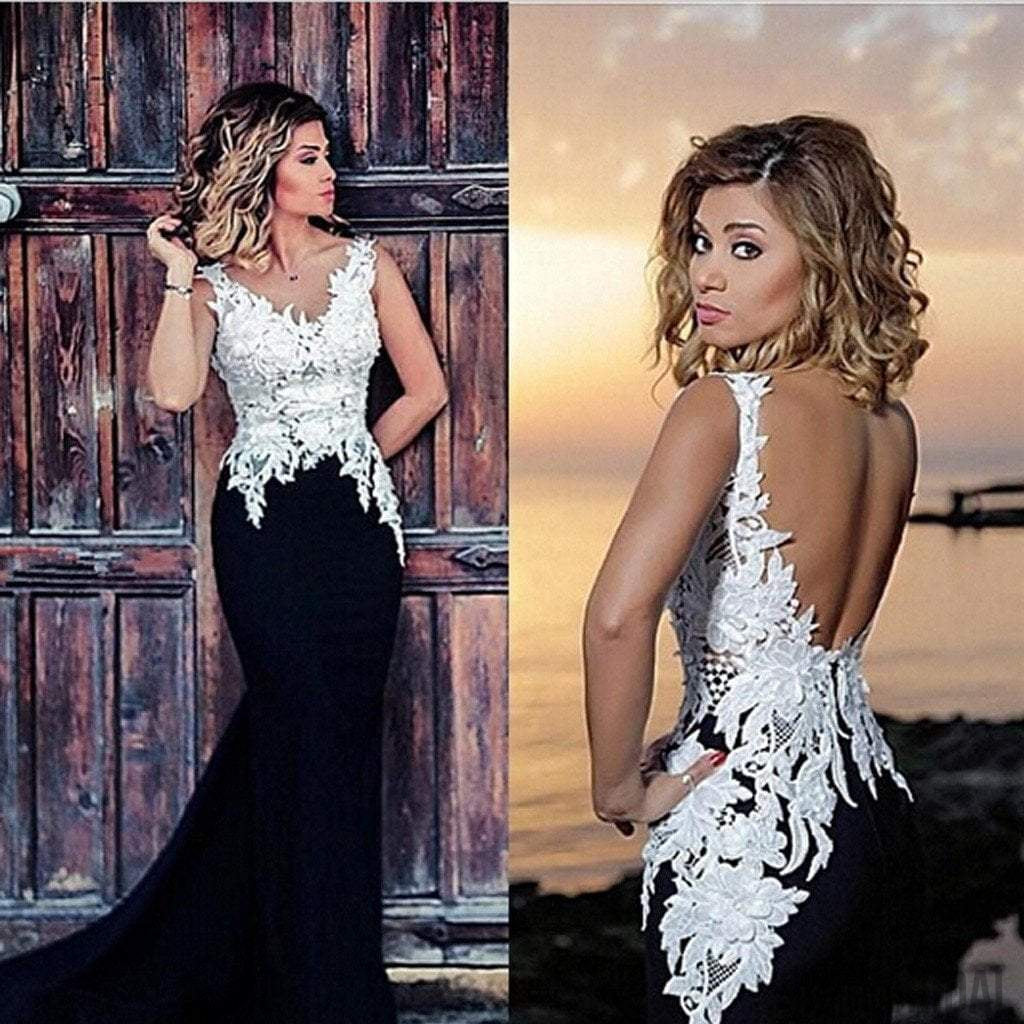 V-neck White Lace Top Black Satin Long Mermaid Sexy Backless Prom Dresses, PD0591
