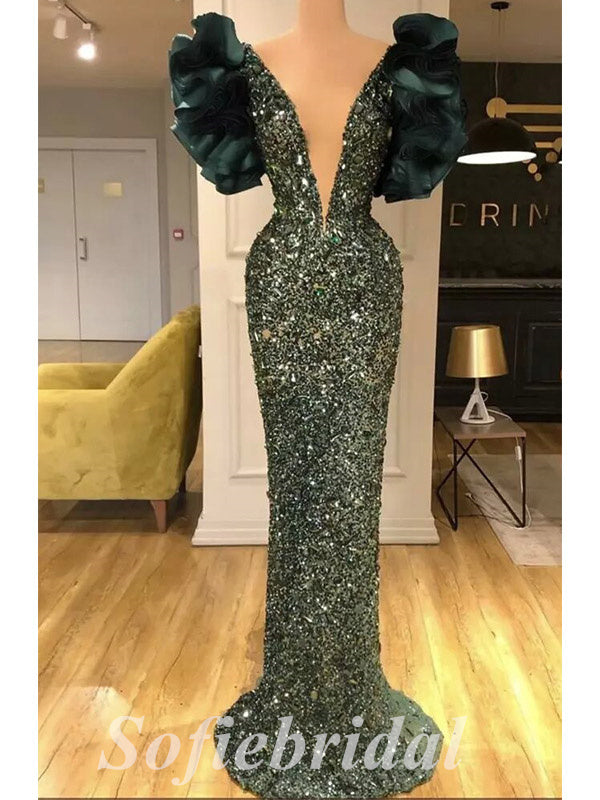 Sexy Shiny Sequin Short Sleeve Deep V-Neck Mermaid Long prom Dresses,S SofieBridal Sexy Shiny Sequin Short Sleeve Deep V-Neck Mermaid Long prom Dresses,S SofieBridal