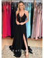 A-Line Halter Sleeveless Black Split Side Long Prom Dresses With Lace,SFPD0026
