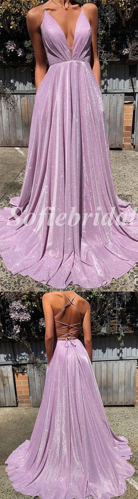 Sexy Special Fabric Spaghetti Straps V-Neck Sleeveless Criss Cross Side slit A-Line Long Prom Dresses,PD0790