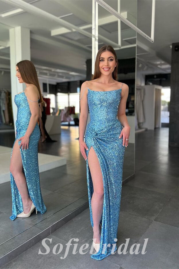 Sexy Sequin Spaghetti Straps Side Slit Mermaid Long Prom Dresses,PD0759