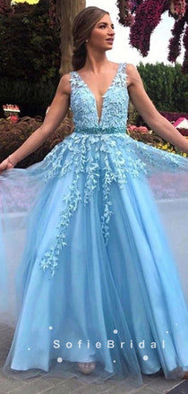 A-Line V-Neck Sleeveless Blue Lace Tulle Long Prom Dresses With Beading,SFPD0027