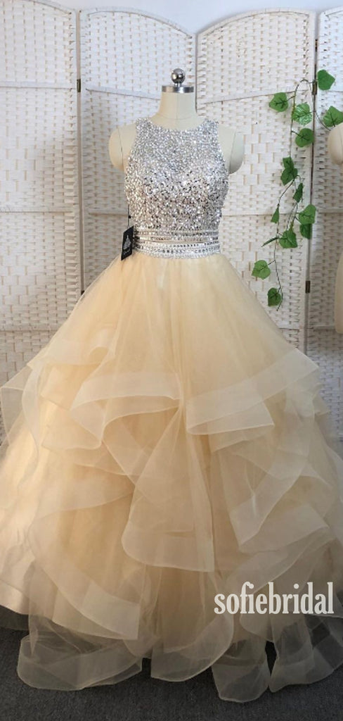 Simple Scoop Neck A-line Tulle Sequin Long Prom Dresses Online,SFPD0107