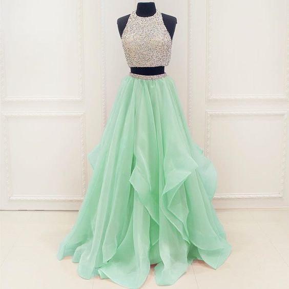 Two Pieces Rhinestone Top Mint Green Chiffon Long A-line Prom Dresses, PD0585